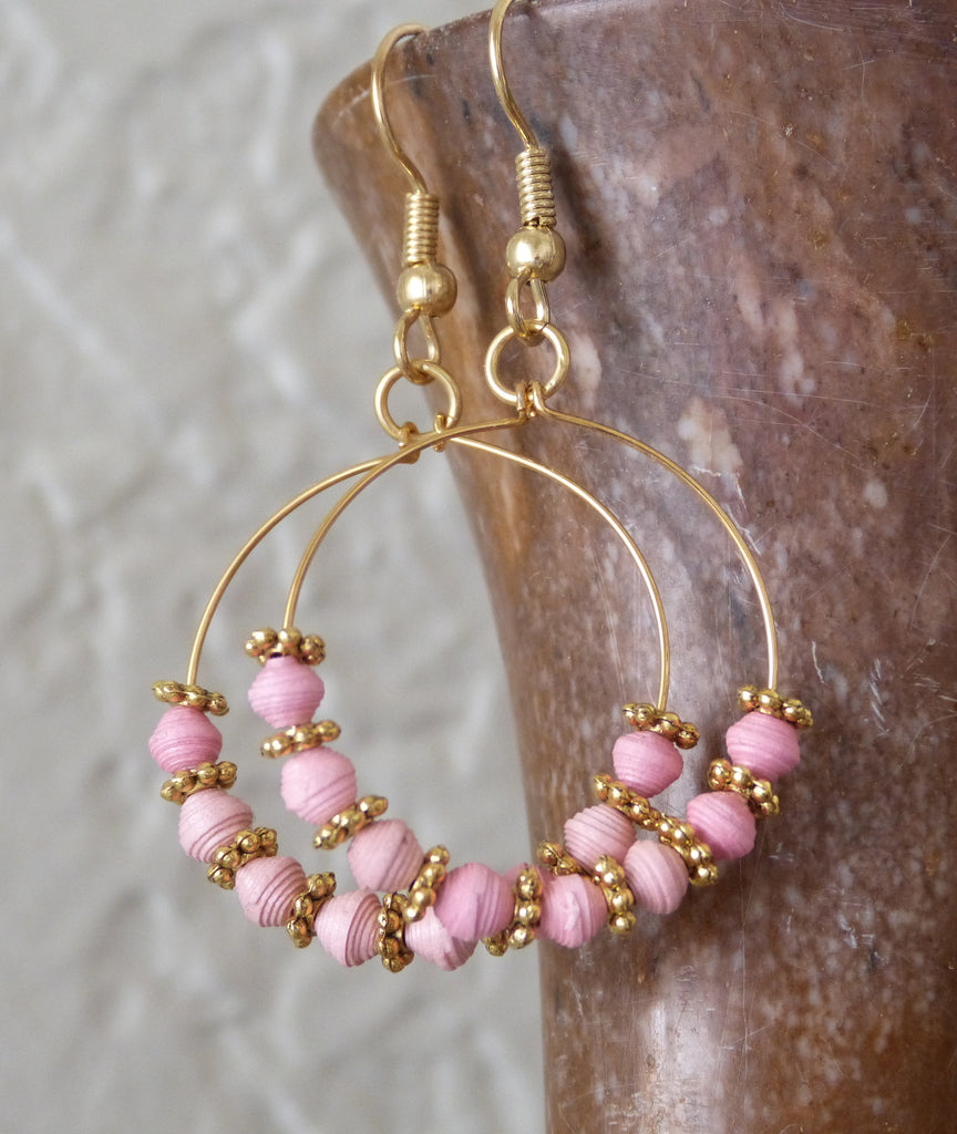 Gold and Copper Hoop Dangle Earrings with Paper Beads and Pearls - Created  by Renée